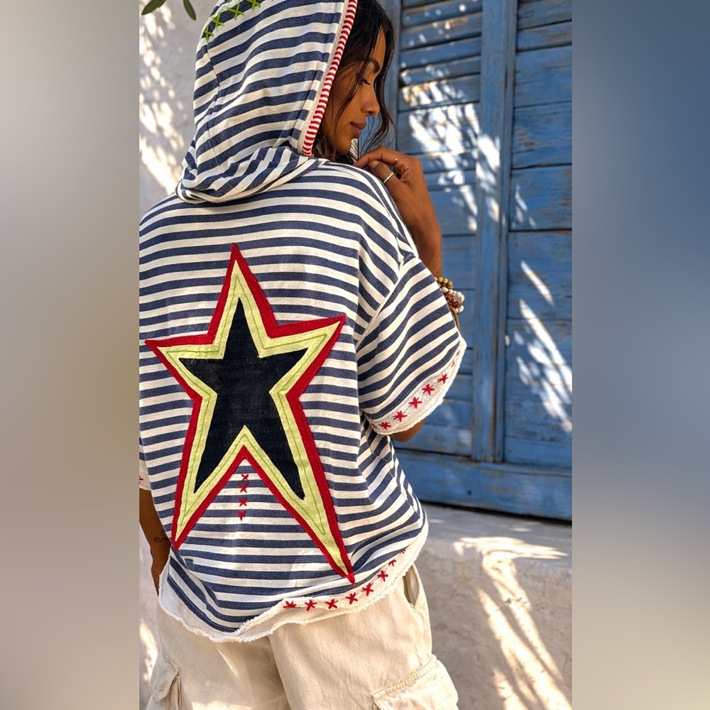 Oversized Organic Cotton Hooded Top, Star Appliqué Striped Boho Unisex Hoodie
